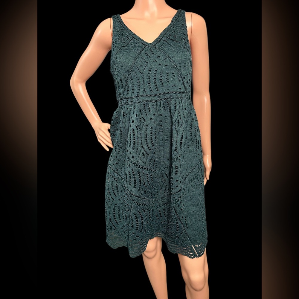 Ann Taylor Green A-Line Midi Dress V-Neck Sleeveless